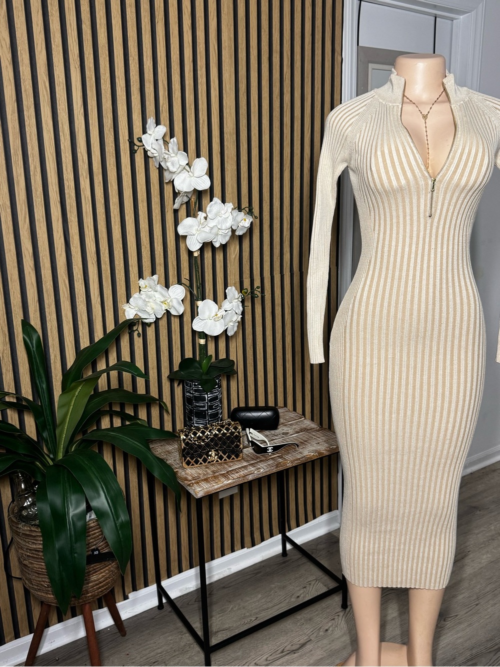 Fashion Nova Beige Ribbed Zip-Front Midi Dress